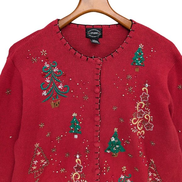 Vtg Designers Studio Christmas Sweater Womens Red Beaded Cardigan Size XL - Picture 4 of 9